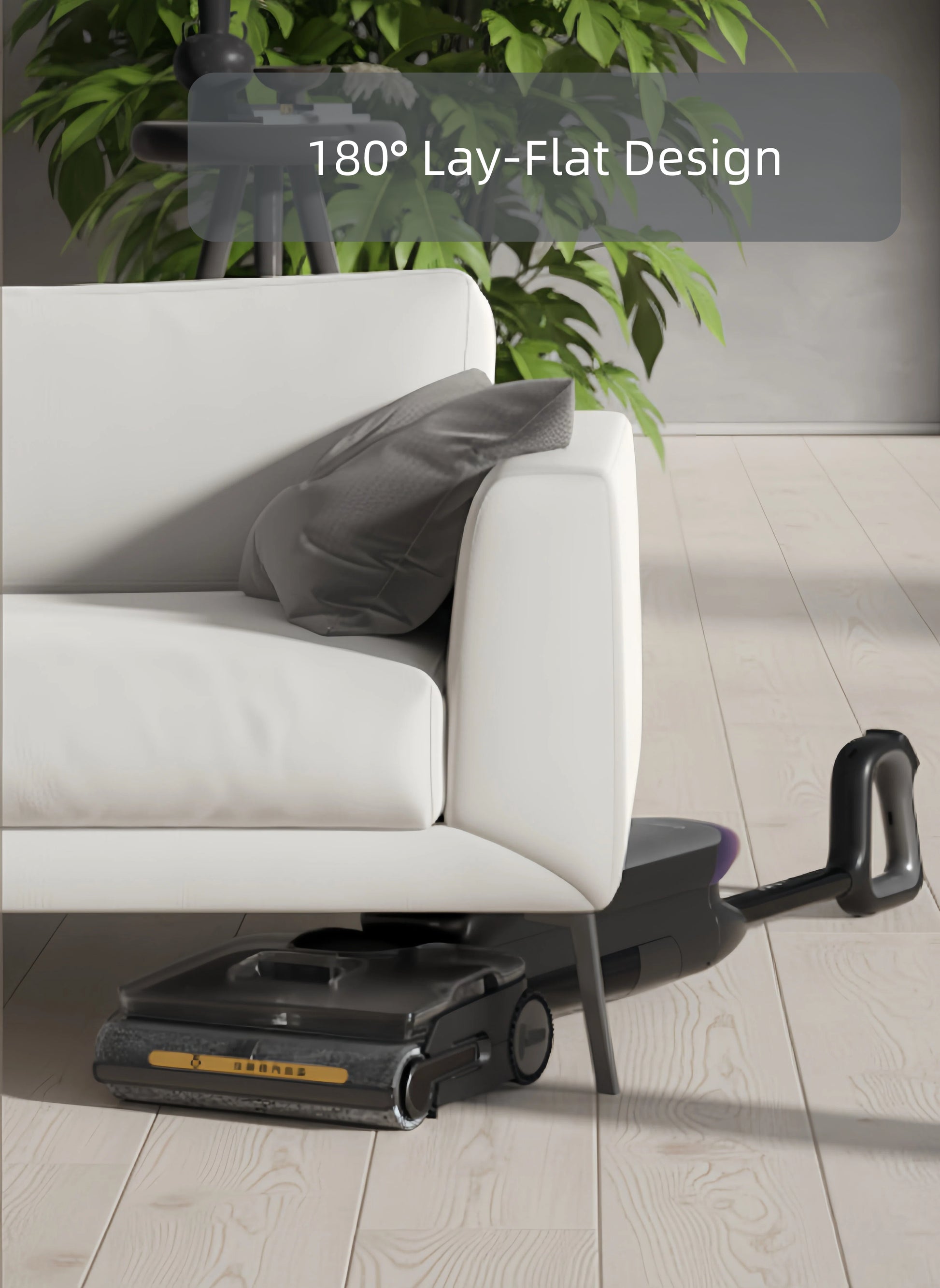 The Tineco FLOOR ONE S9 Artist demonstrates its versatile 180° lay-flat design, effortlessly reaching under low furniture like sofas for a comprehensive clean in hard-to-reach areas.