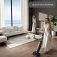 A woman is seen easily maneuvering the Tineco FLOOR ONE S9 Artist across a large living room, showcasing its up to 75 minutes of runtime and Tineco's Smooth Drive Tech for 360° all-directional propulsion.