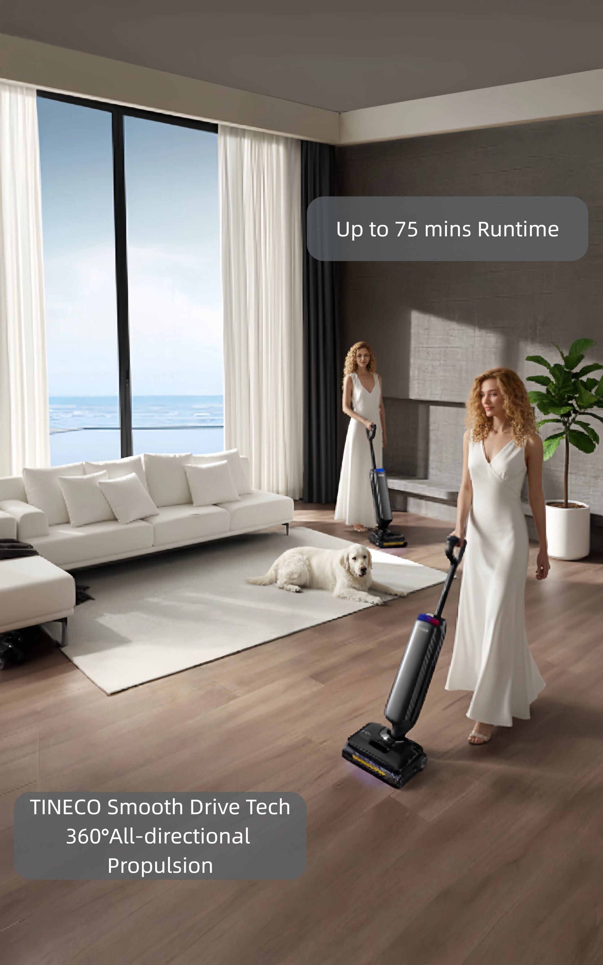 A woman is seen easily maneuvering the Tineco FLOOR ONE S9 Artist across a large living room, showcasing its up to 75 minutes of runtime and Tineco's Smooth Drive Tech for 360° all-directional propulsion.