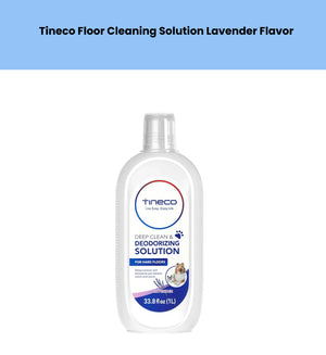 Front view of the Tineco Floor Cleaning Solution bottle, a 33.8 fl. oz. (1L) deep clean and deodorizing formula with lavender scent, designed for use with Tineco robotic mops and vacuums. The clear bottle features a white label with blue accents, pet imagery (dog and cat), and a lavender graphic, highlighting its effectiveness in removing pet messes, odors, and stains from hardwood, tile, and laminate floors.