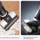 A split image showing the Tineco GO H2O Sense easily cleaning wet and dry messes, alongside a cutaway view of its powerful, hands-free self-cleaning brush roll system.
