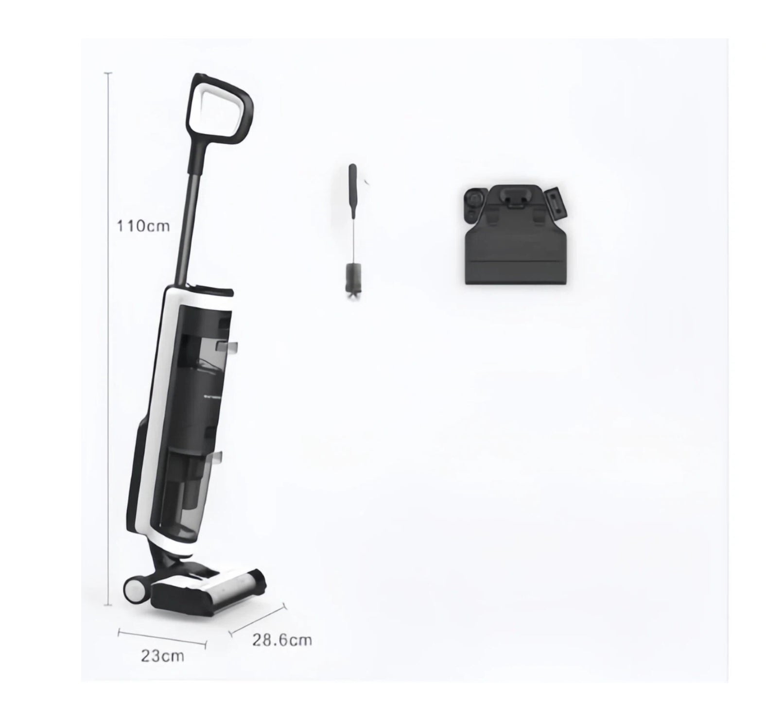The Tineco GO H2O Sense cordless vacuum shown with its product dimensions (110cm x 23cm x 28.6cm) and the included accessories: a cleaning tool and the charging storage dock.