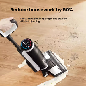 The Tineco GO H2O Sense cordless wet dry vacuum efficiently cleaning a wet spill and dry debris from a hardwood floor in one step, demonstrating its ability to cut housework time by 50%.