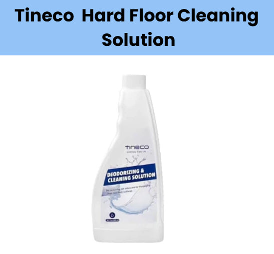 Front view of the Tineco Hard Floor Cleaning Solution bottle, a 32 FL OZ (946mL) deodorizing and cleaning formula designed for use with Tineco robotic mops. The white bottle features a blue label with "Deodorizing & Cleaning Solution" branding and a splash graphic, highlighting its effectiveness on tile, hardwood, laminate, and vinyl floors.