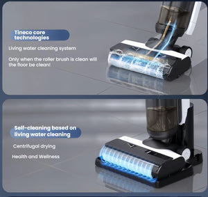 A close-up of the Tineco iFLOOR U5 Stretch showcasing its "living water cleaning system" that keeps the roller brush clean for a spotless floor finish and its self-cleaning function with centrifugal drying for health and wellness