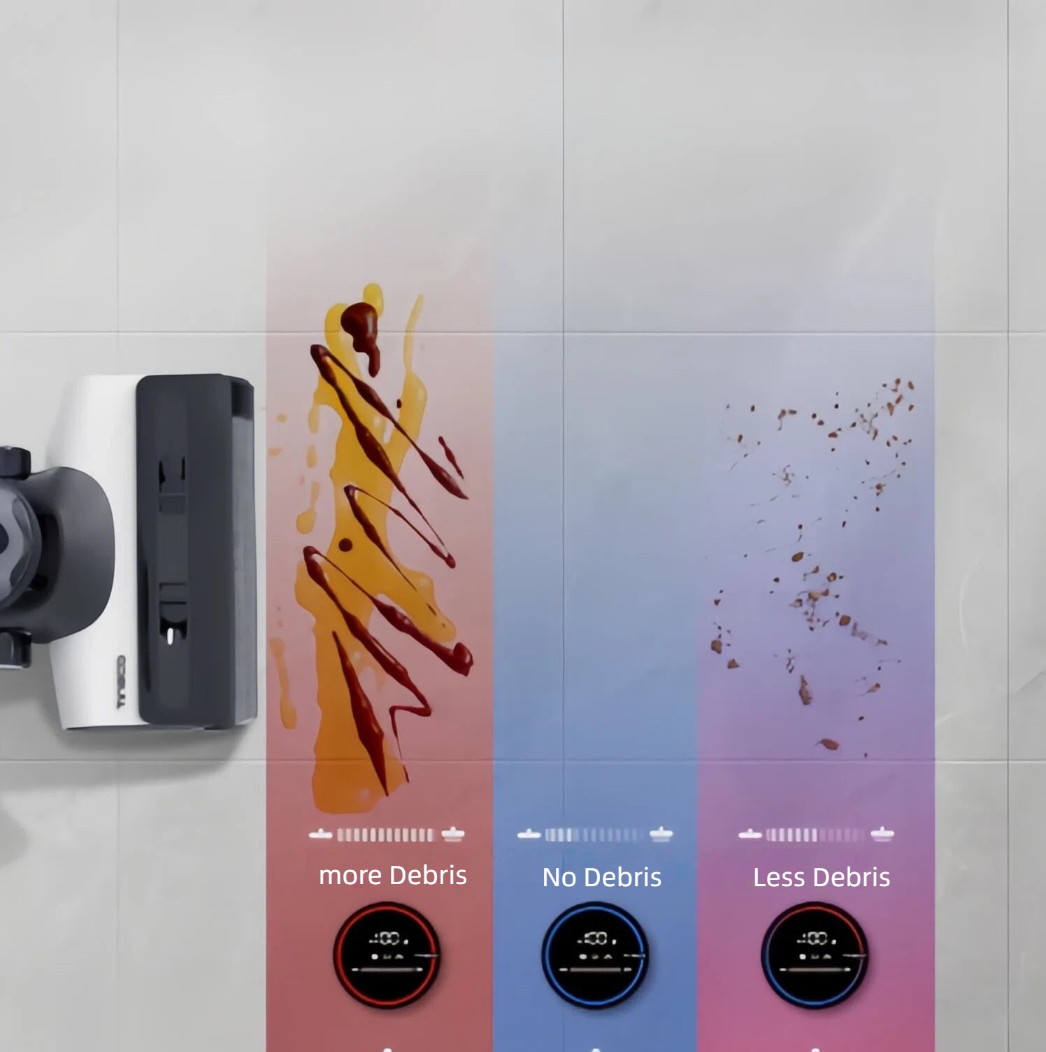 Top-down view demonstrating the Tineco iFLOOR U5 Stretch's smart sensor technology, with the LED screen indicating "more debris" for heavy messes, "less debris" for light dirt, and "no debris" for a clean area.