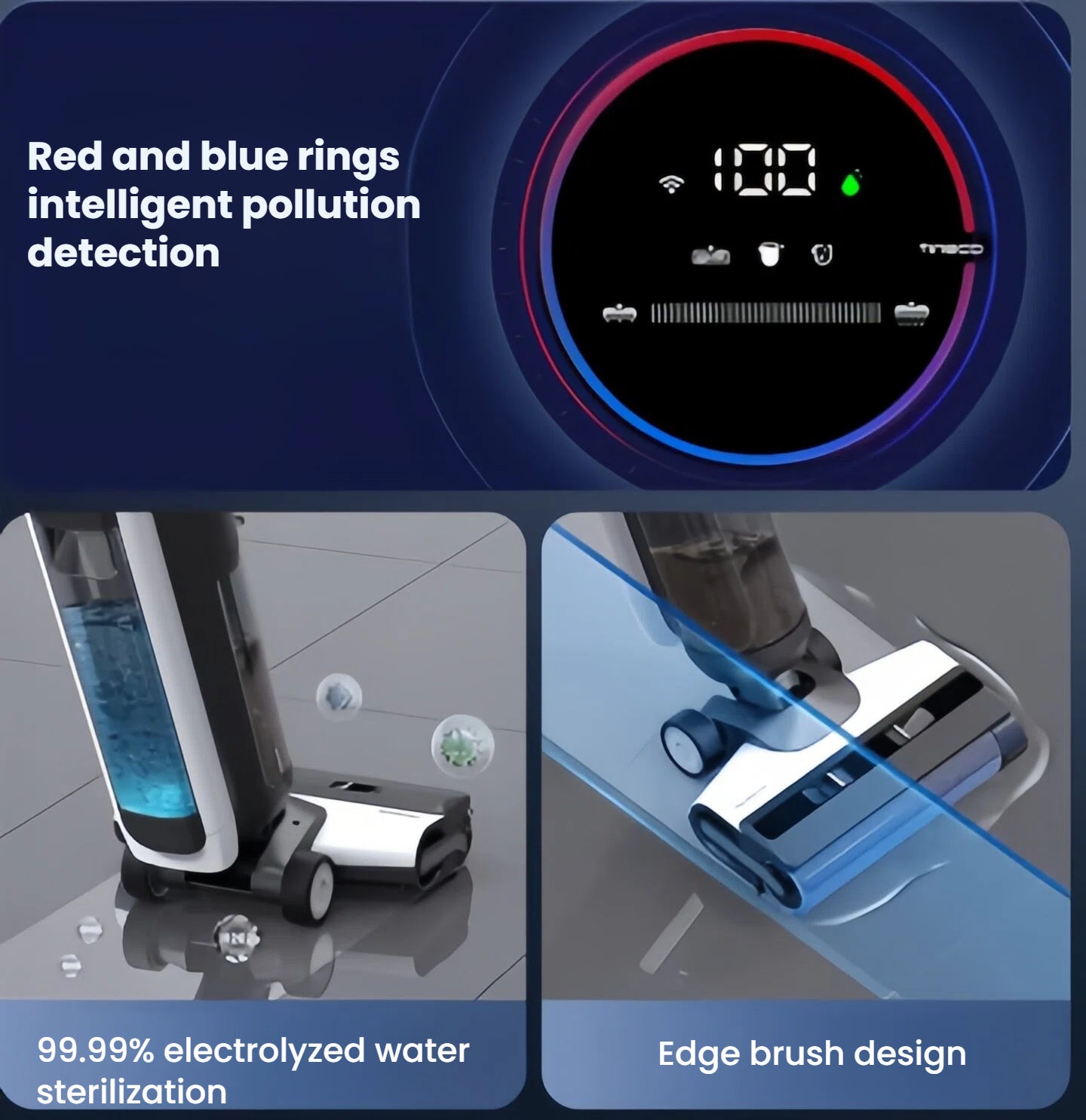 Feature graphic for the Tineco iFLOOR U5 Stretch showing the smart LED screen with red and blue rings for intelligent pollution detection, the 99.99% sterilization with electrolyzed water, and the effective edge brush design.