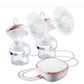 Tommee Tippee double electric breast pump featuring two bottles with measurement lines, dual breast shields, flexible tubing, and compact motor unit with pink accents. Designed for simultaneous pumping.