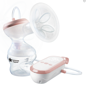 Tommee Tippee single electric breast pump showing motor unit, clear bottle with measurement markings, soft silicone shield, and tubing. Features pink trim, LED screen, and USB rechargeable design.
