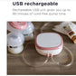 Close-up of Tommee Tippee electric breast pump motor unit with USB charging port and dual tubing connectors. Highlighting cord-free convenience and sleek white/pink design.