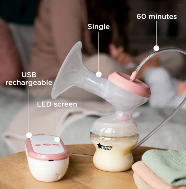 Mum using Tommee Tippee single electric breast pump at home. Pump shows expressed milk in the bottle, with visible LED screen, USB-rechargeable motor unit, and 60-minute timer setting.