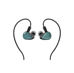 Front view of Topping ArpegEar Hane in-ear monitors featuring a sleek black design with teal wood-textured faceplates and braided cable for premium audio performance.