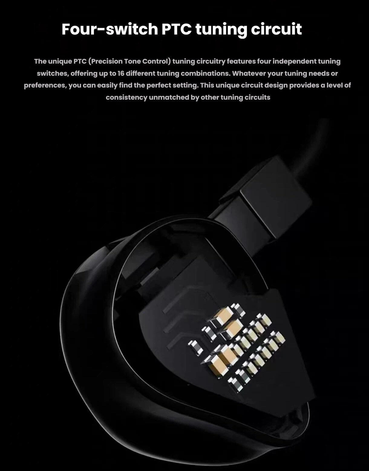 Interior view of Topping ArpegEar Hane’s four-switch PTC (Precision Tone Control) tuning circuit, offering up to 16 distinct sound settings for personalized audio experience.
