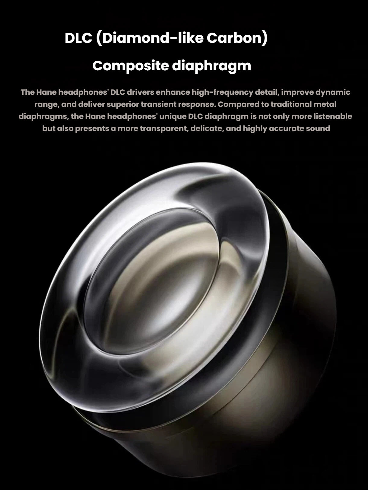 Close-up of the DLC (Diamond-Like Carbon) composite diaphragm in Topping ArpegEar Hane IEMs, engineered for enhanced high-frequency detail, dynamic range, and superior transient response.