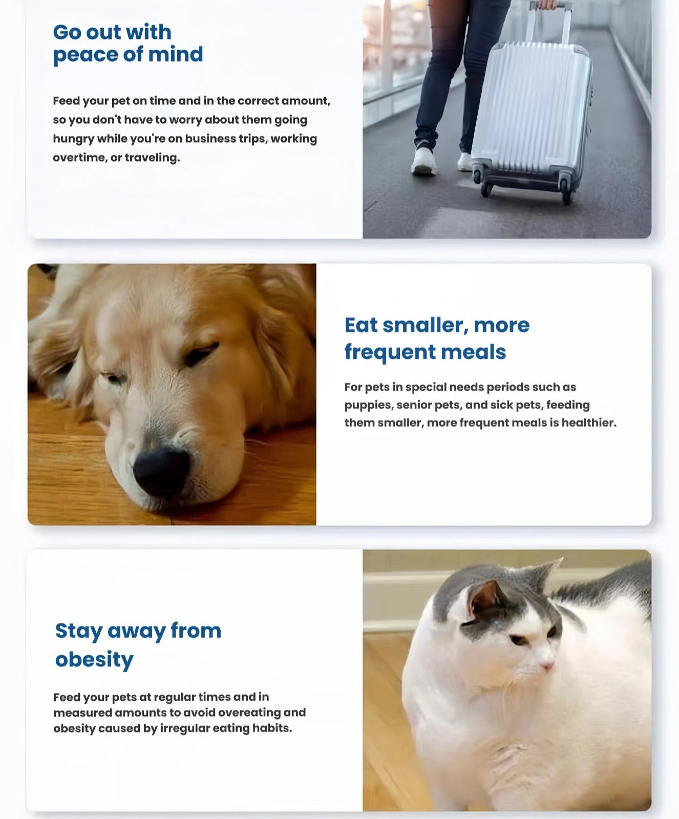 Collage showing traveler with suitcase, resting golden retriever, and chubby cat—illustrating how the Dogness F10 feeder supports timed meals for travel, seniors, and obesity prevention.