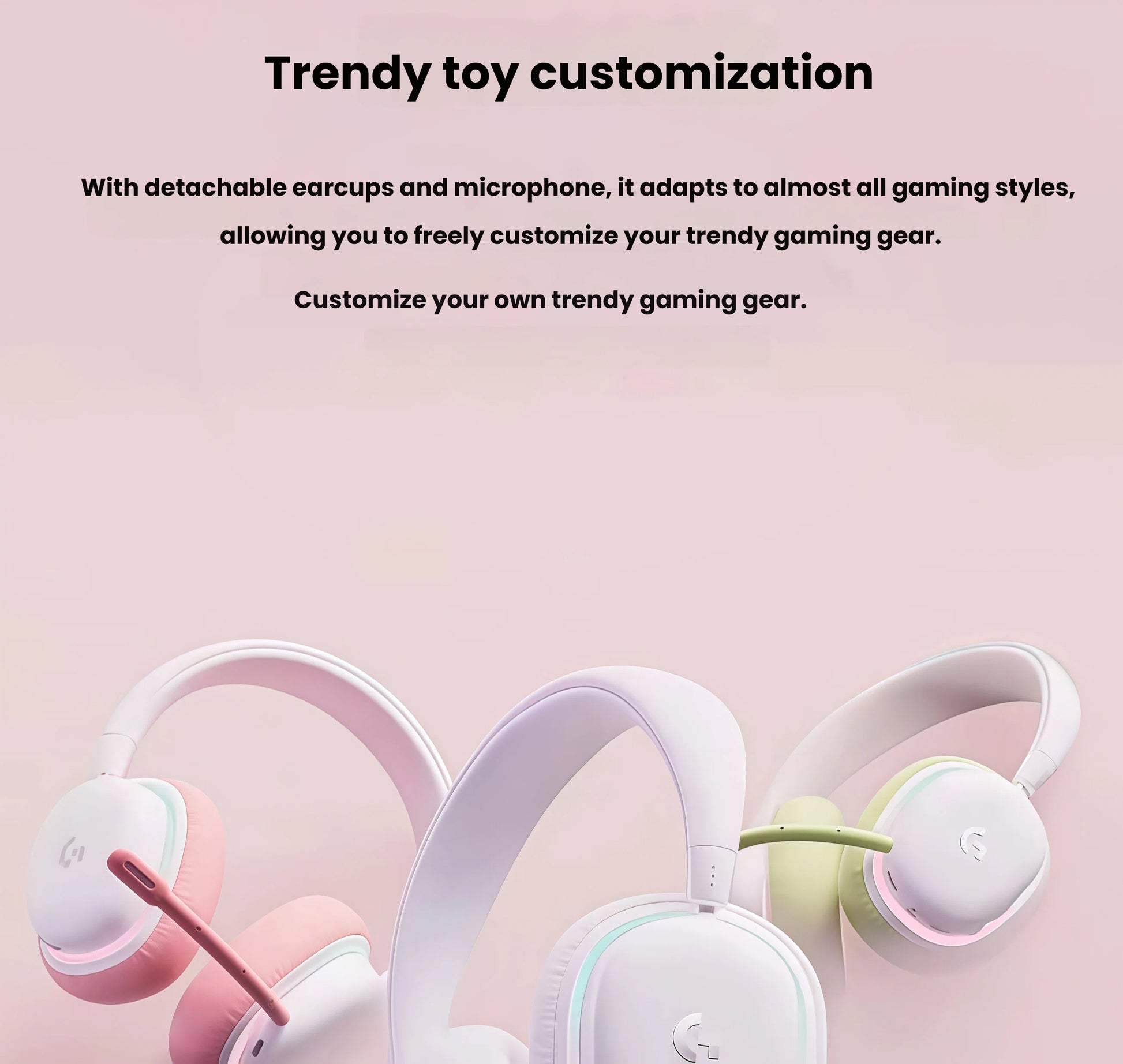 Trio of white G735 headsets with interchangeable pastel ear pads and mics, illustrating endless style combinations for gamers and streamers.