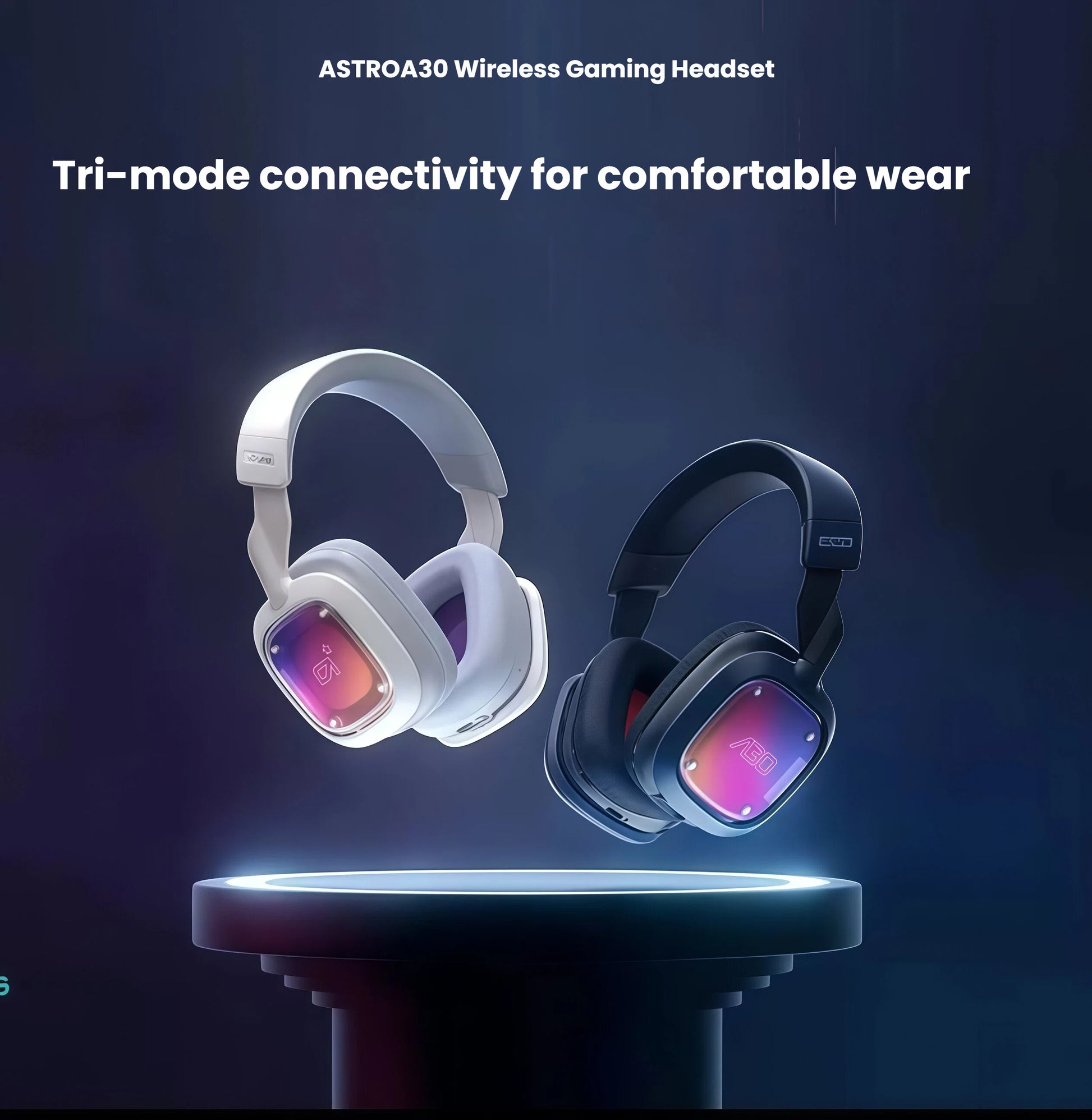 Floating black and white ASTRO A30 headsets on a glowing pedestal, highlighting LIGHTSPEED wireless, Bluetooth, and 3.5 mm wired modes.