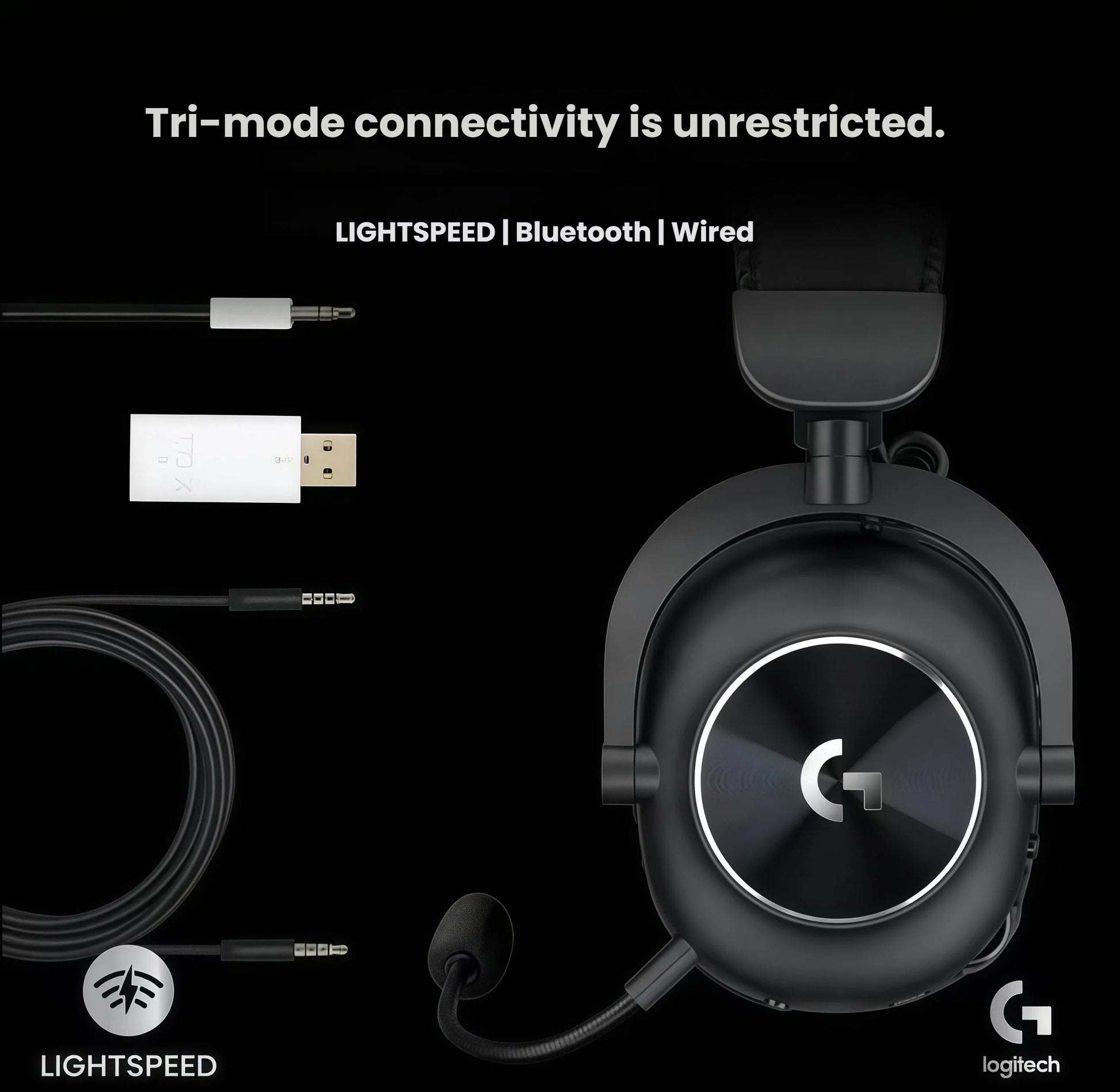 Flat-lay of the black PRO X 2 headset alongside its USB-A LIGHTSPEED dongle, 3.5 mm audio cable, and USB-C charging cord, illustrating versatile connection options.