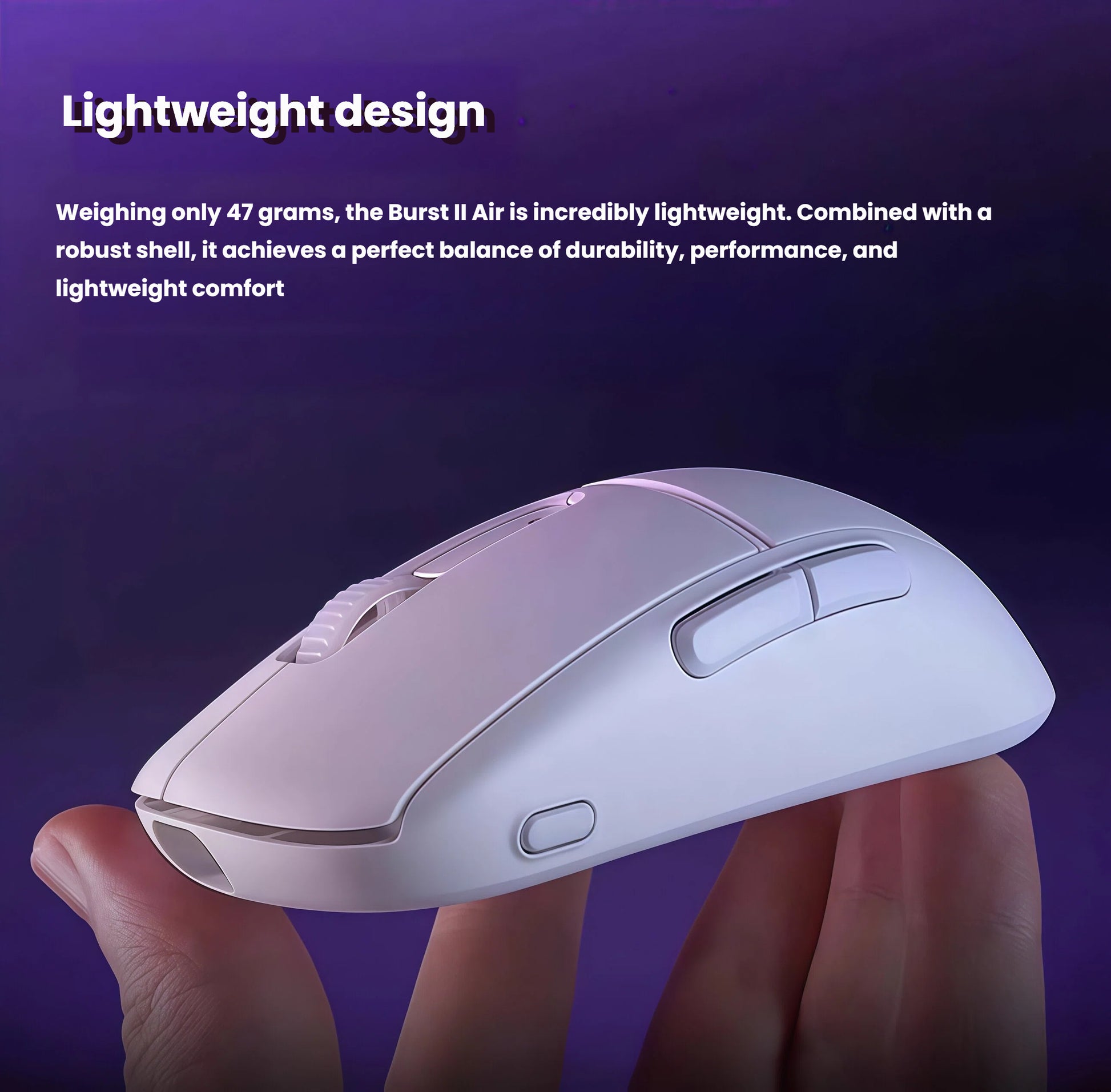 A hand holding the Turtle Beach Burst II Pro wireless gaming mouse, emphasizing its ultra-lightweight 47-gram design. With a durable shell and ergonomic shape, this mouse offers exceptional comfort and speed, making it perfect for fast-paced esports and mobile gaming.