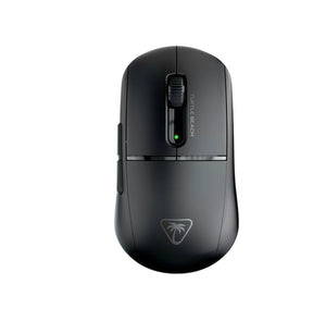 Top-down studio shot of the Turtle Beach Burst II Pro wireless gaming mouse in black. Featuring a minimalist design with a textured scroll wheel, two side buttons, and a green LED indicator, this high-performance mouse delivers precision and style for gamers and professionals alike.