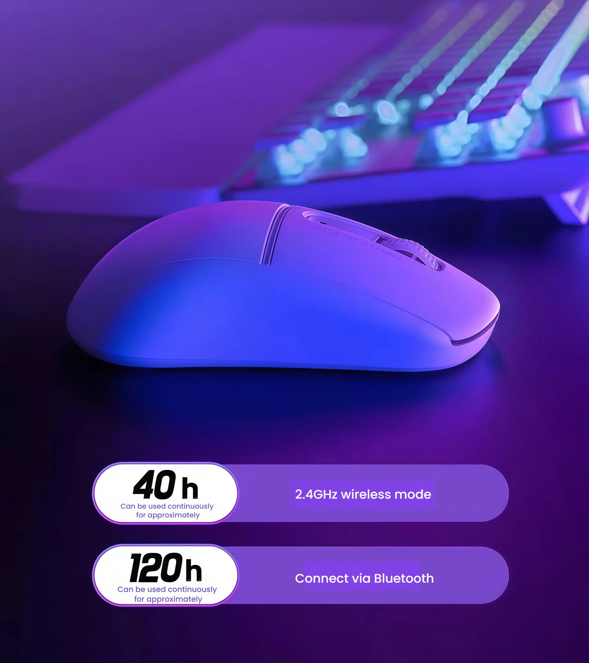 Turtle Beach Burst II Pro wireless gaming mouse shown in a sleek purple-lit setup with a keyboard in the background. The image highlights its dual connectivity modes: up to 40 hours of continuous use in 2.4GHz wireless mode and up to 120 hours via Bluetooth, ideal for long gaming sessions and productivity.