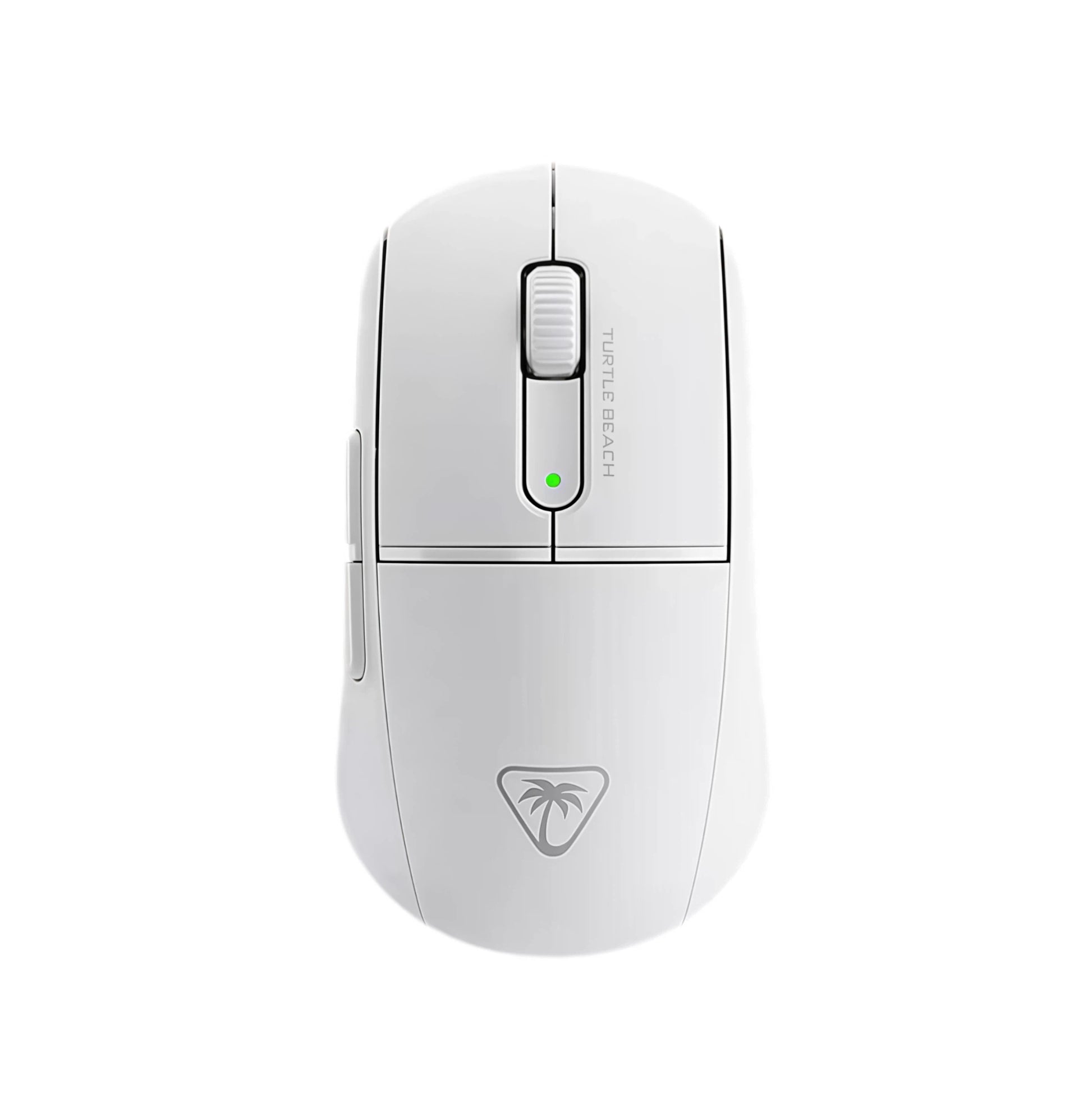 Top-down view of the Turtle Beach Burst II Pro wireless gaming mouse in white. The clean, modern design includes a smooth surface, tactile scroll wheel, and visible brand logo. Ideal for gamers who prefer a sleek, professional look without compromising performance.