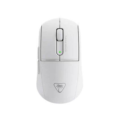 Top-down view of the Turtle Beach Burst II Pro wireless gaming mouse in white. The clean, modern design includes a smooth surface, tactile scroll wheel, and visible brand logo. Ideal for gamers who prefer a sleek, professional look without compromising performance.
