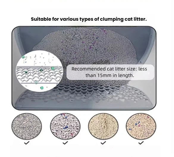 Diagram showing UB Pet C20 smart litter box compatibility with various clumping cat litters; recommended litter size less than 15mm, including clay, silica gel, and plant-based types