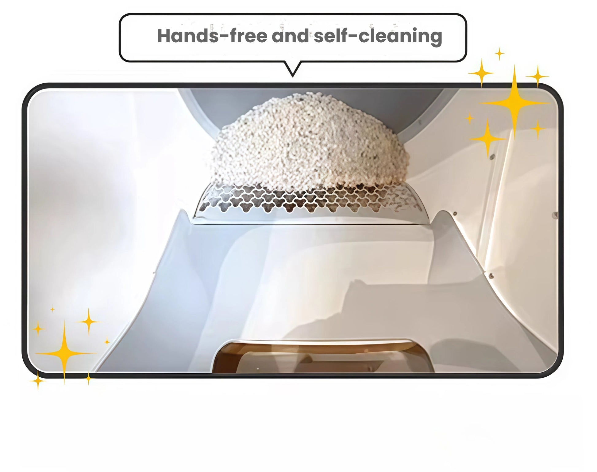 Internal view of UB Pet C20 smart litter box during self-cleaning cycle, showing sifting tray separating waste from clean litter, with sparkles indicating hygienic, hands-free operation