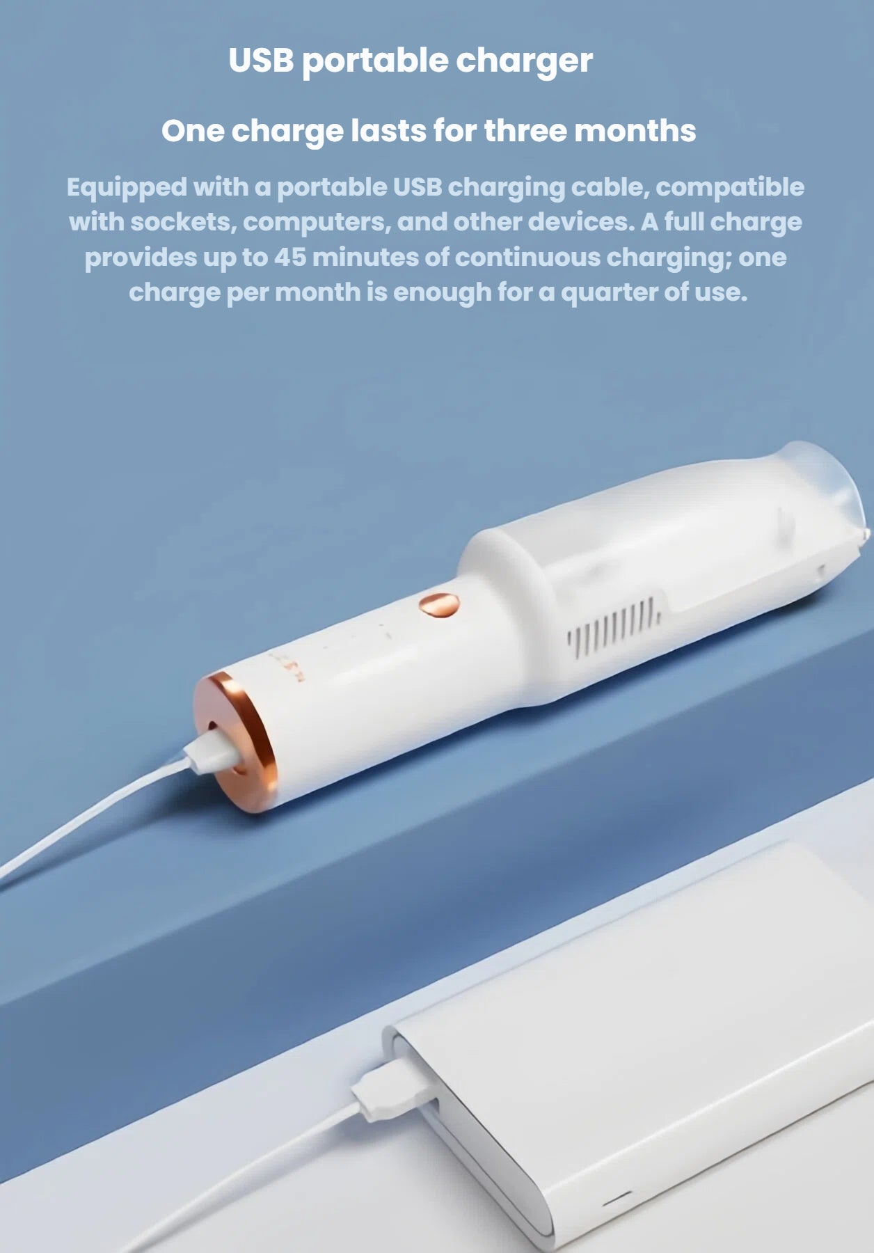 LUSN baby hair clipper charging via USB-C cable from a portable power bank. One charge lasts up to three months with efficient battery life.