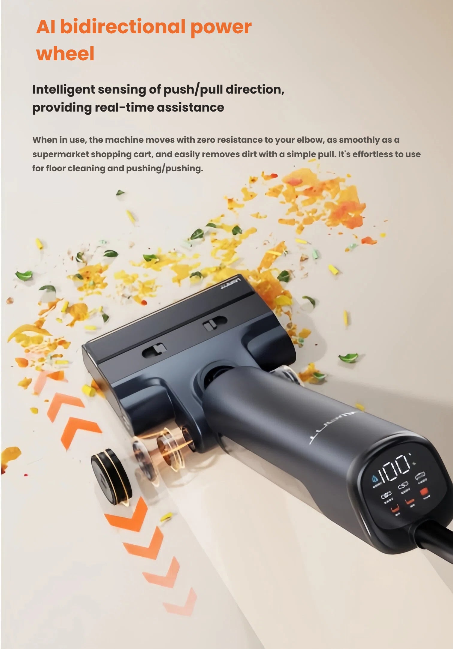 Overhead shot of the UWANT D700 Pro’s AI-powered wheels sensing push/pull direction, gliding effortlessly over scattered debris with zero elbow strain.