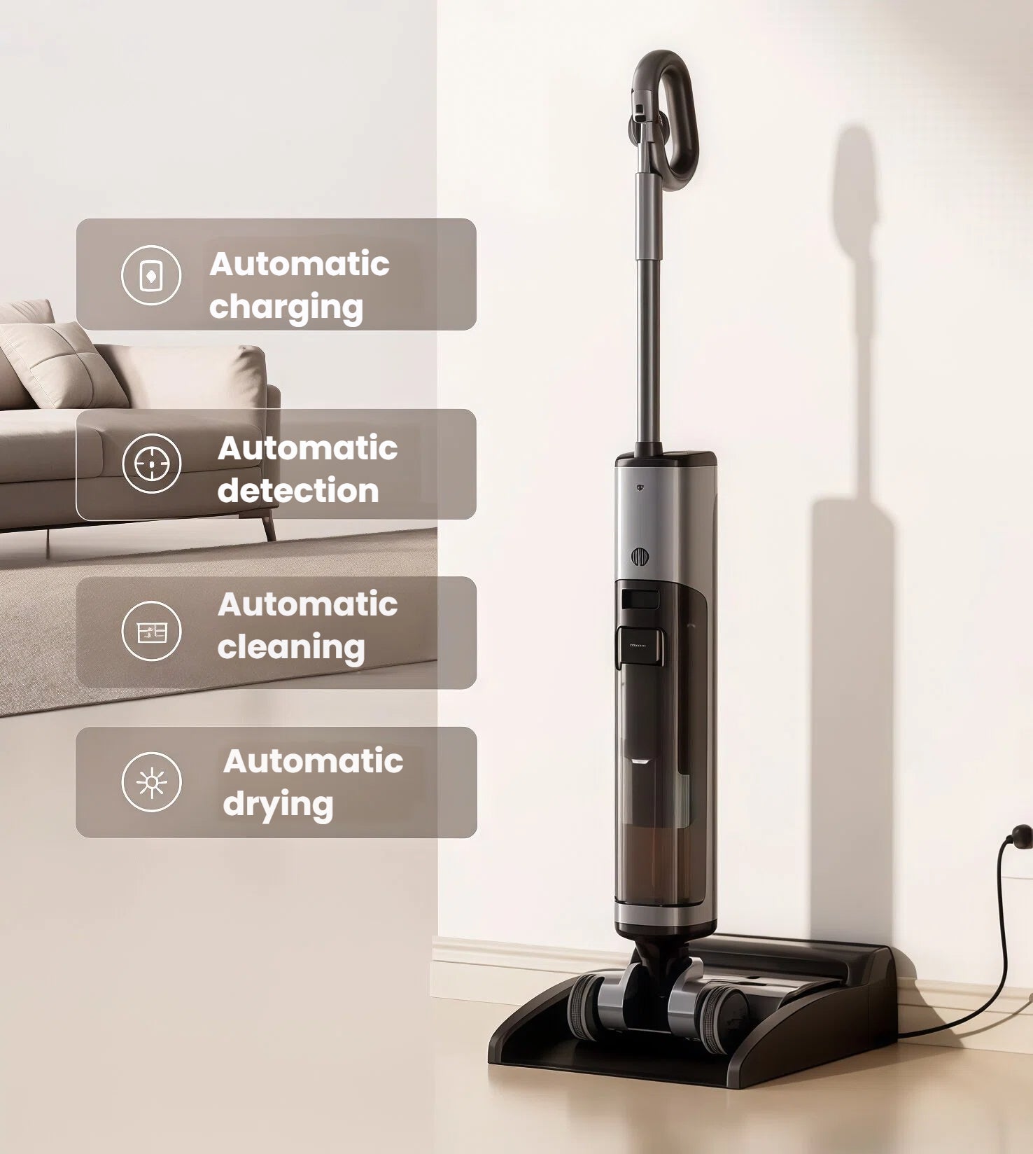 UWANT D700 Pro standing on its smart base station, which provides automatic charging, self-cleaning, hot-air drying, and dirt detection for hands-free maintenance.