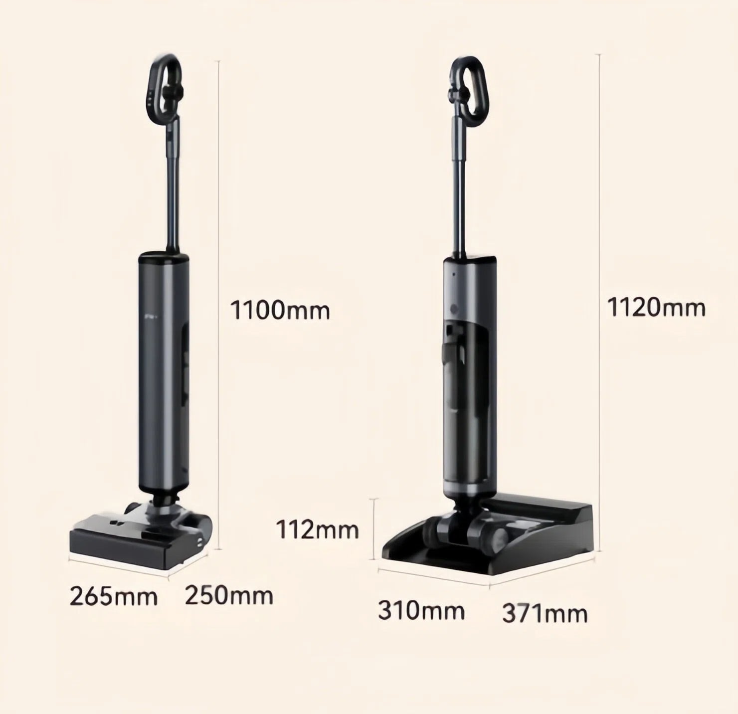 Official dimension diagram of the UWANT D700 Pro wet-dry vacuum: 1100–1120 mm height, 265–371 mm base length, and 112 mm ultra-slim profile for compact storage.