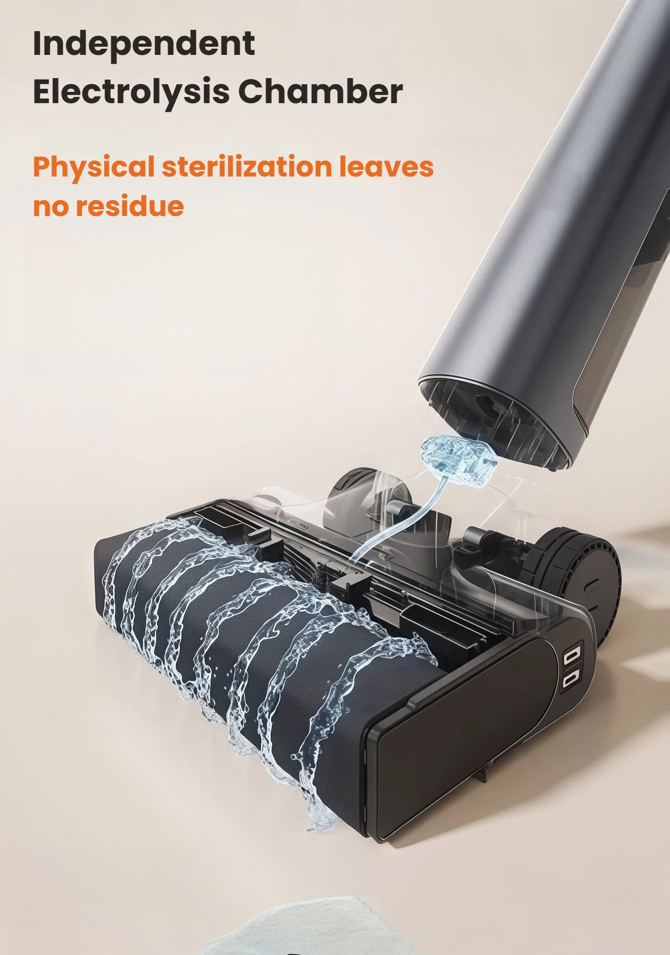 Exploded view of the UWANT D700 Pro’s separate electrolysis chamber releasing sterilizing water onto the roller—chemical-free, residue-free sanitization.