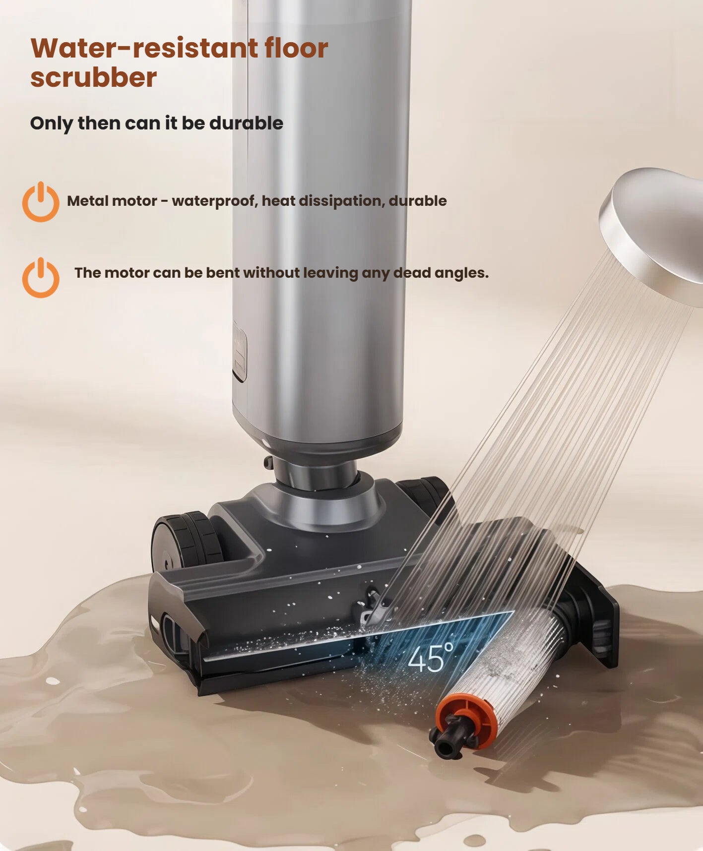 UWANT D700 Pro floor scrubber with IPX-rated metal motor being rinsed at a 45° angle, showcasing waterproof construction and heat-dissipation durability.