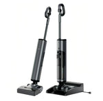 UWANT D700 Pro cordless wet-and-dry vacuum cleaner shown in two positions—freestanding and docked—highlighting its sleek dark-gray aluminum body and charging base.