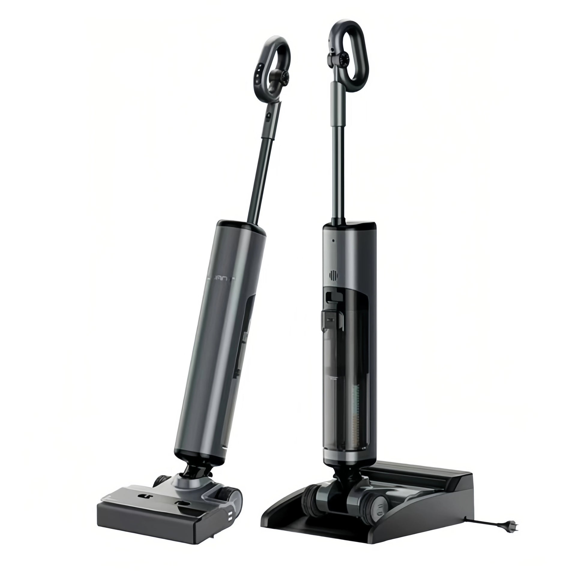 UWANT D700 Pro cordless wet-and-dry vacuum cleaner shown in two positions—freestanding and docked—highlighting its sleek dark-gray aluminum body and charging base.