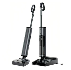 UWANT D700 Pro cordless wet-and-dry vacuum cleaner shown in two positions—freestanding and docked—highlighting its sleek dark-gray aluminum body and charging base.