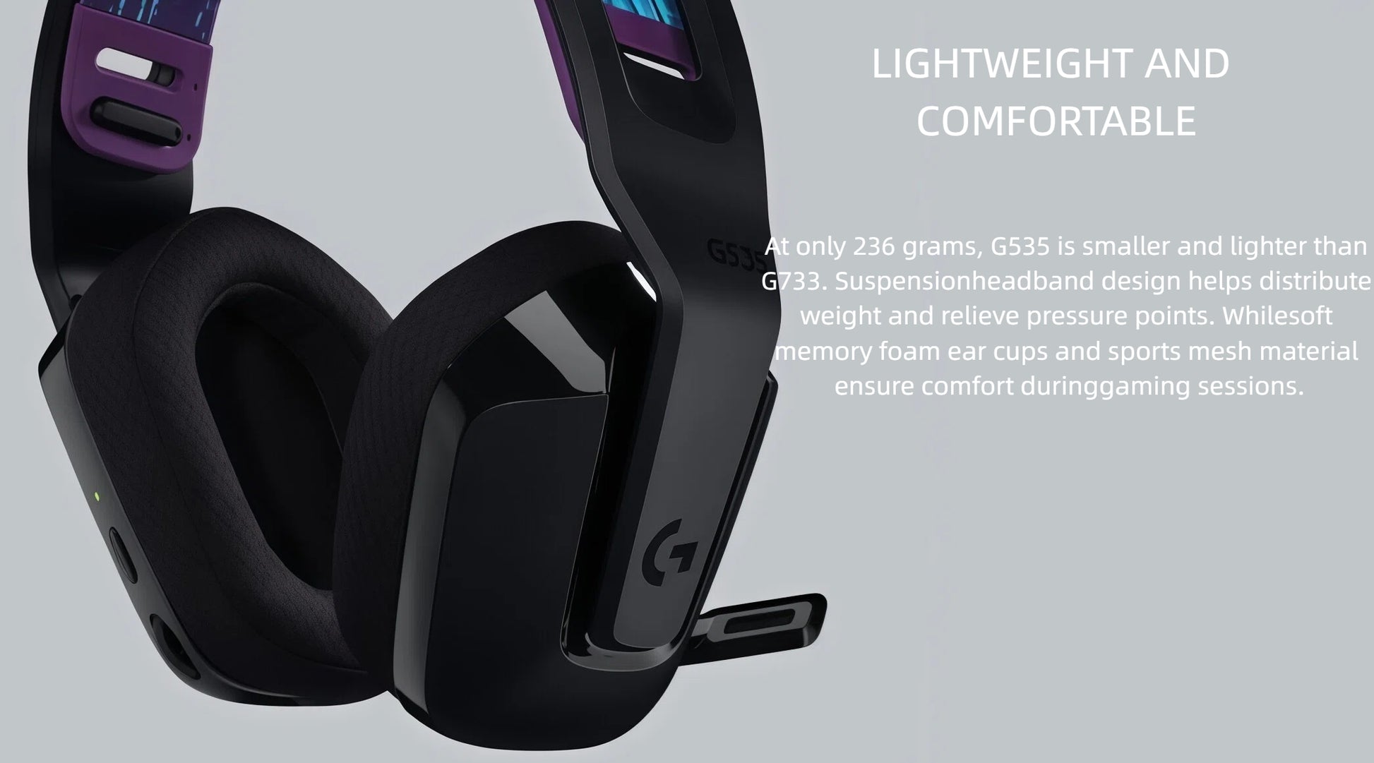 Close-up of the G535’s suspension headband and soft memory-foam ear pads, emphasizing the lightweight build for long gaming sessions.