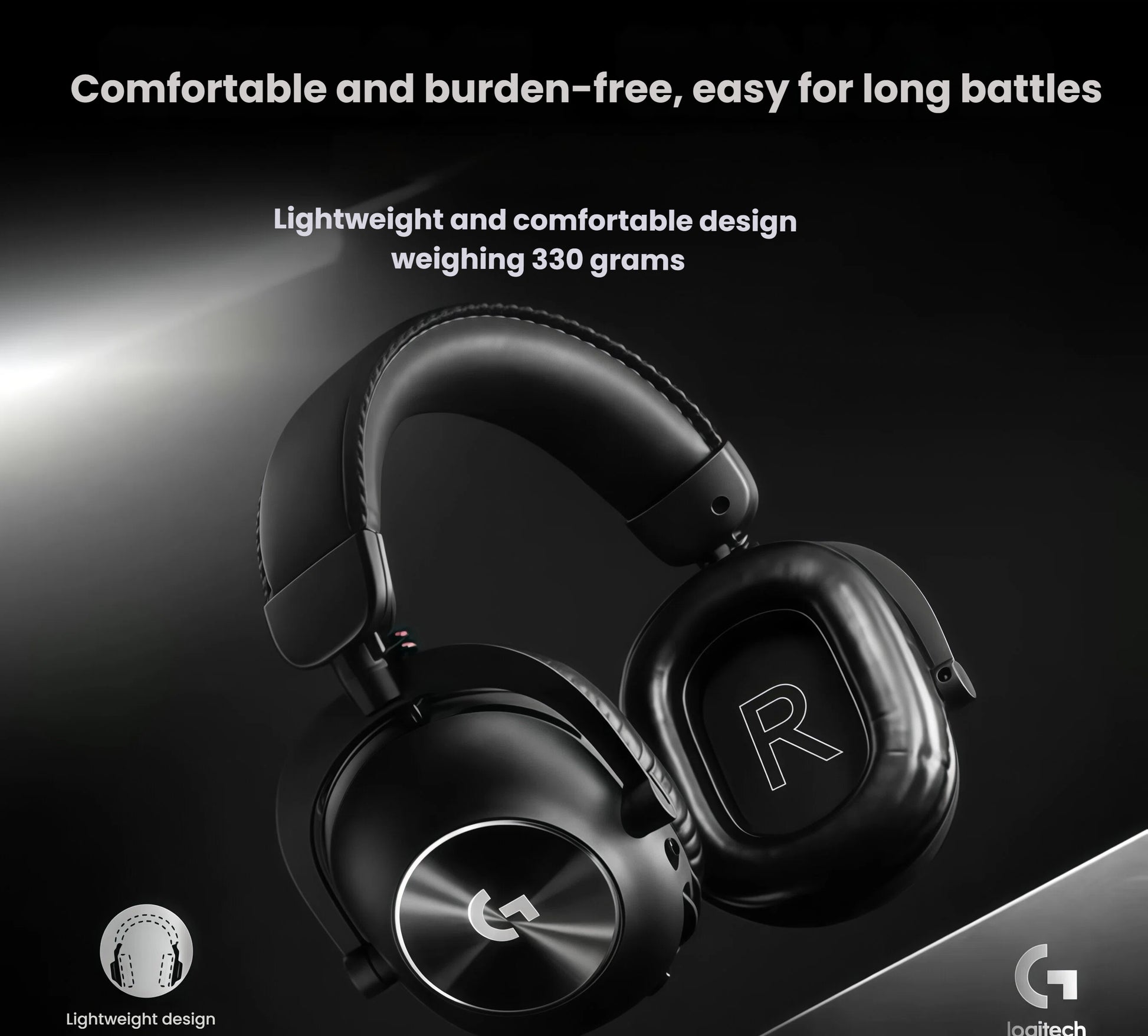 Floating black PRO X 2 headset on a dark background, emphasizing the lightweight 330-gram chassis and breathable ear cushions for extended sessions.