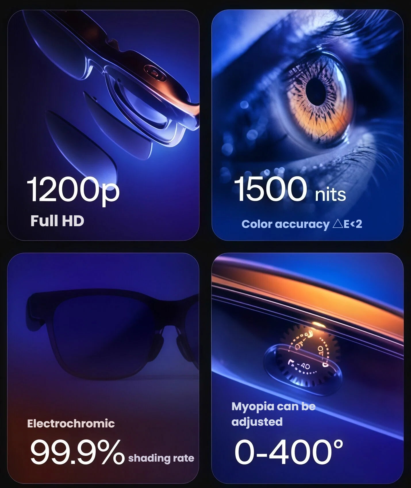 Macro shots highlighting 1200P FHD resolution, 1500-nit brightness, 99.9 % electrochromic shading, and 0-400° myopia dial on VITURE Luma Ultra XR glasses.
