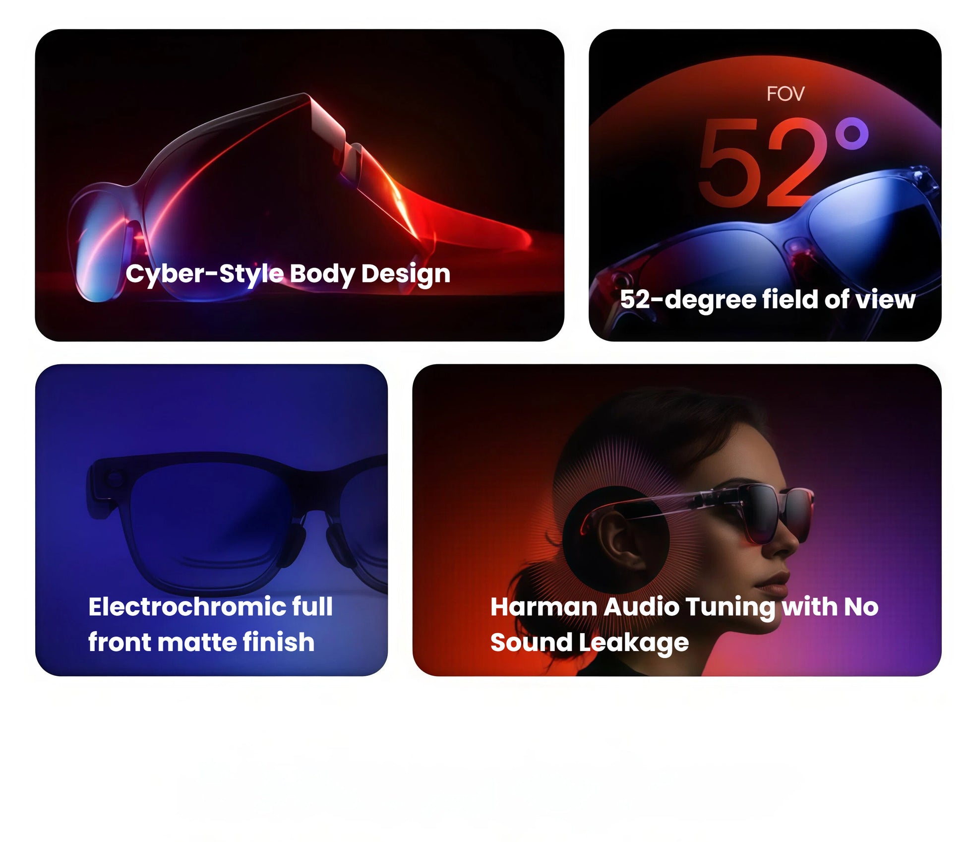 Collage showcasing VITURE Luma Ultra’s cyber-style body, 52° field of view, 99.9 % electrochromic shading, and Harman-tuned directional audio.