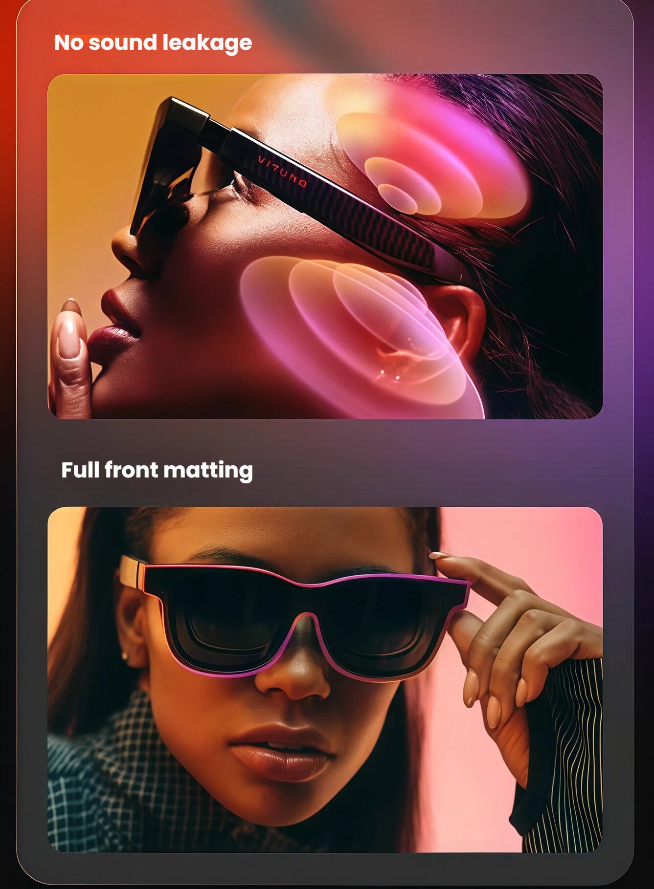 Dual-image card showing “No sound leakage” directional audio and “Full front matting” electrochromic lenses on VITURE Luma Ultra XR glasses.