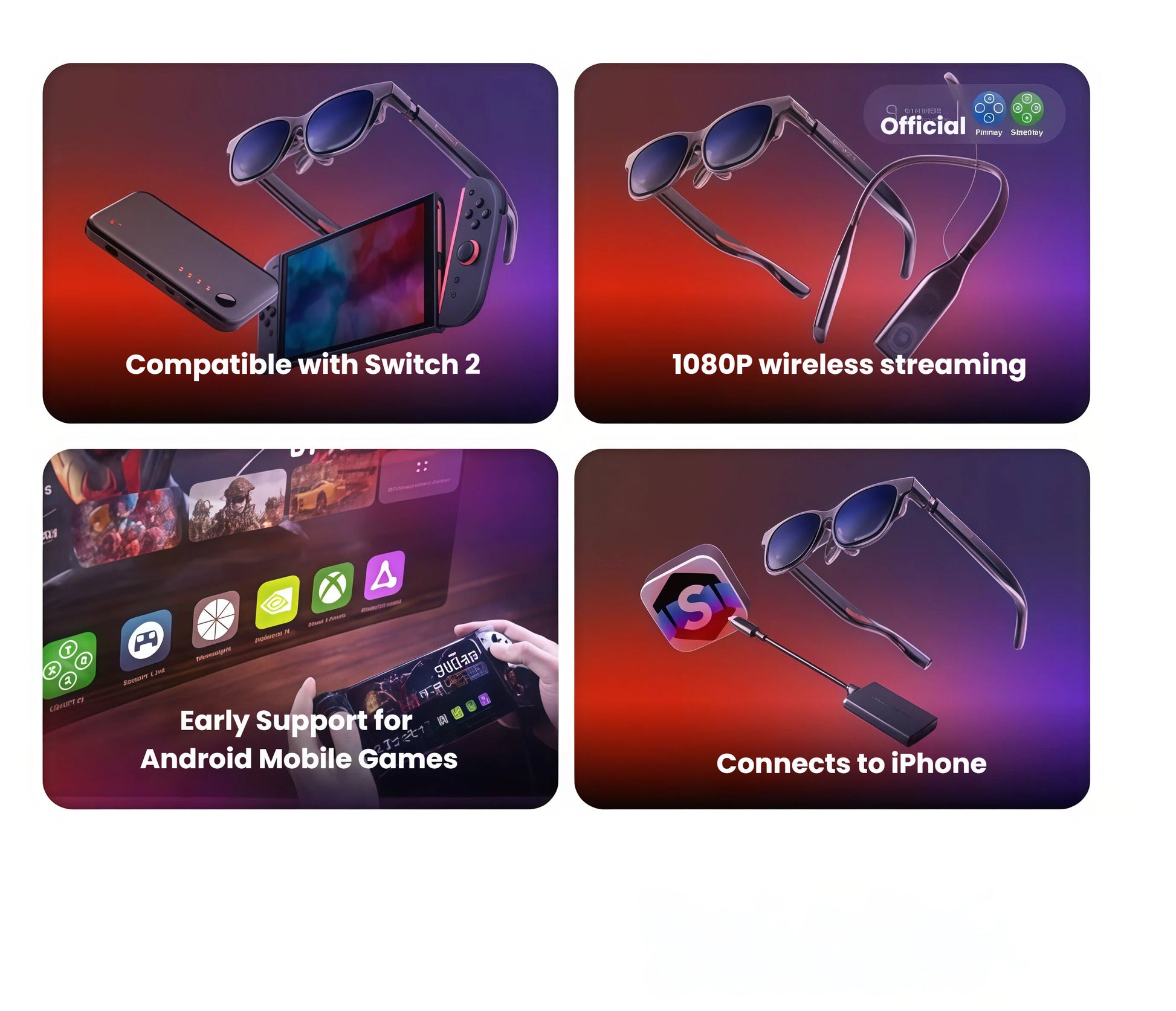 Four-panel graphic illustrating VITURE Luma Ultra compatibility with Nintendo Switch 2, 1080P wireless streaming, Android mobile games, and iPhone via adapter.