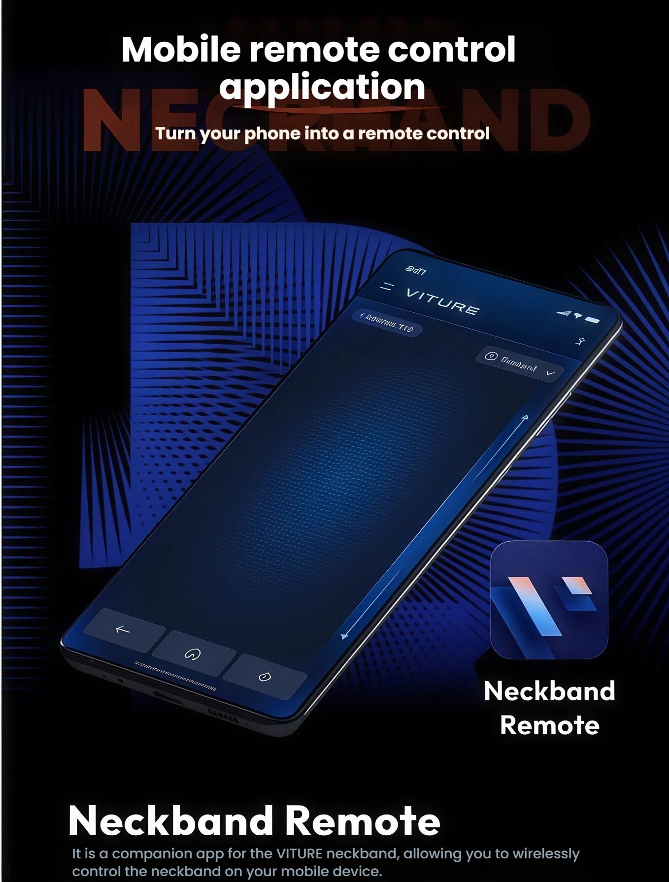 Smartphone displaying VITURE Neckband Remote app, offering wireless control of the neckband’s media and game streaming.
