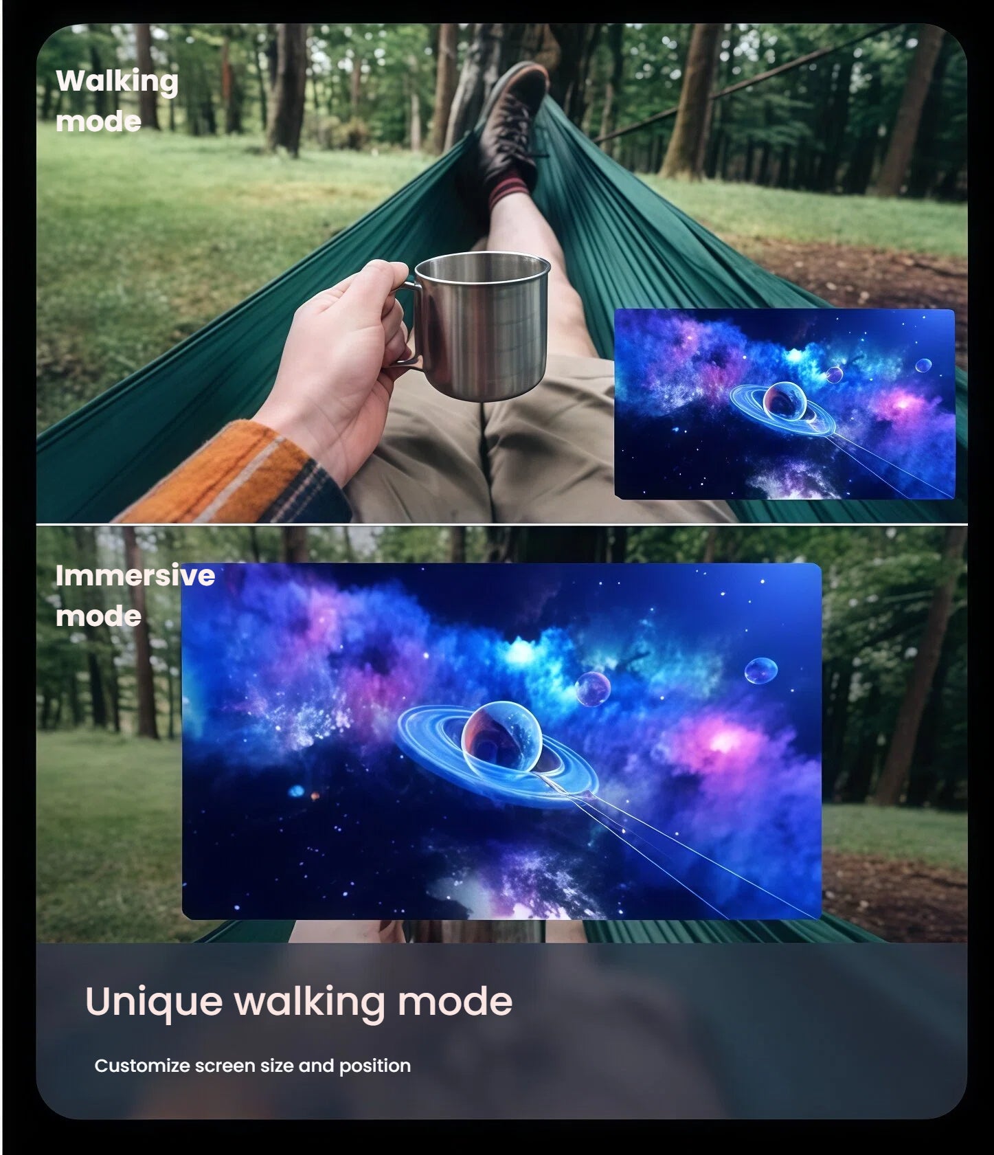 Person relaxing in hammock with coffee, using VITURE One Neckband’s Walking Mode to adjust XR screen size and position.