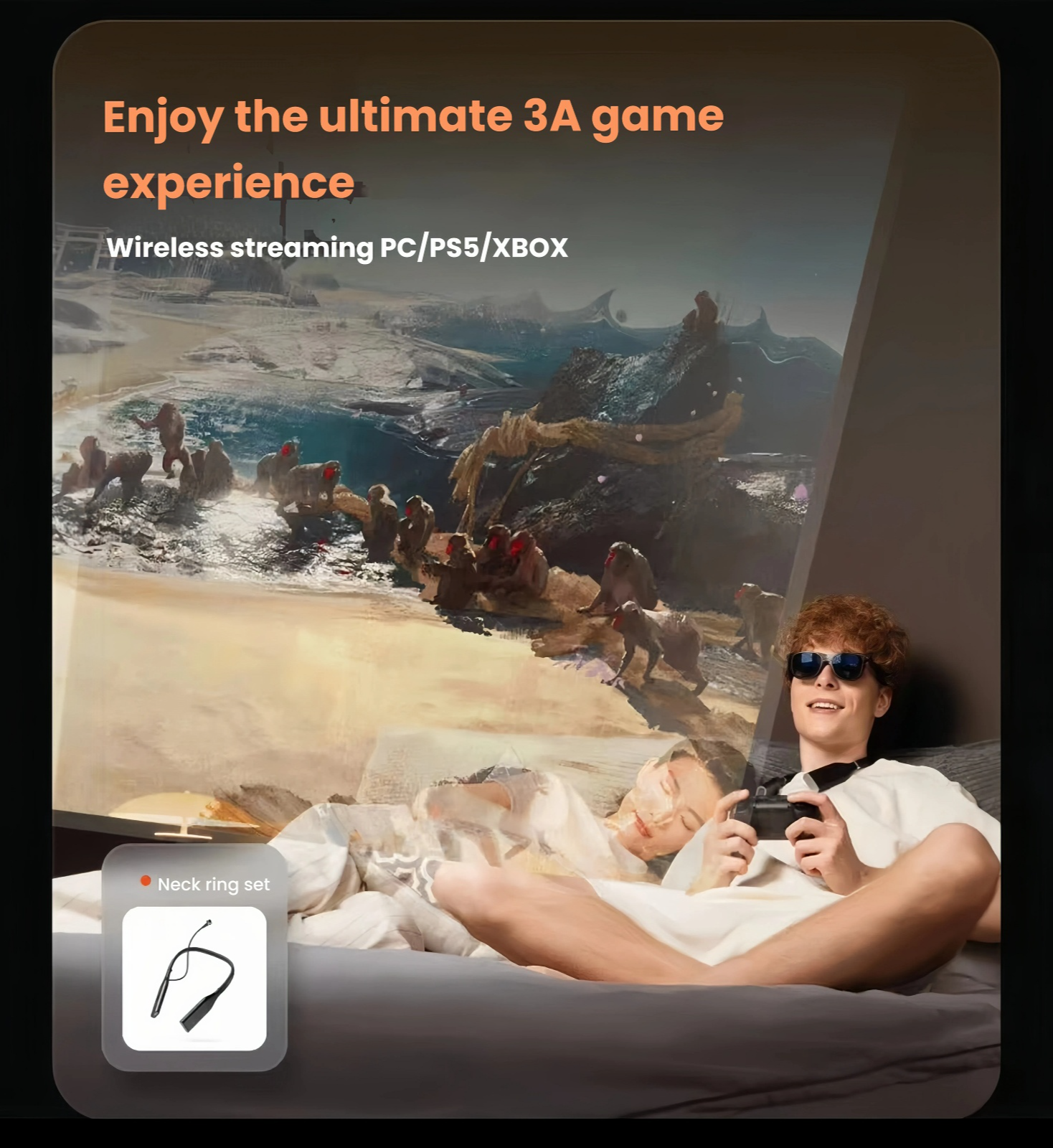 Person playing a game on a large virtual screen projected by VITURE Pro XR glasses connected directly to handheld console like Steam Deck or ROG – perfect for portable gaming enthusiasts