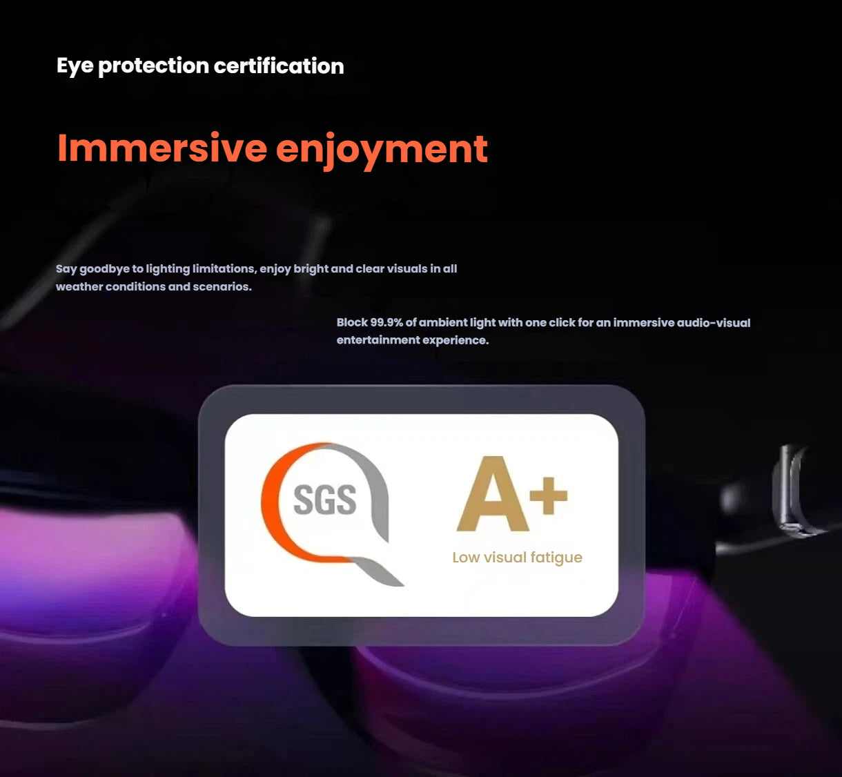 SGS A+ eye protection certification for VITURE Pro XR glasses – blocks 99.9% of ambient light with one click, reducing visual fatigue for immersive audio-visual entertainment