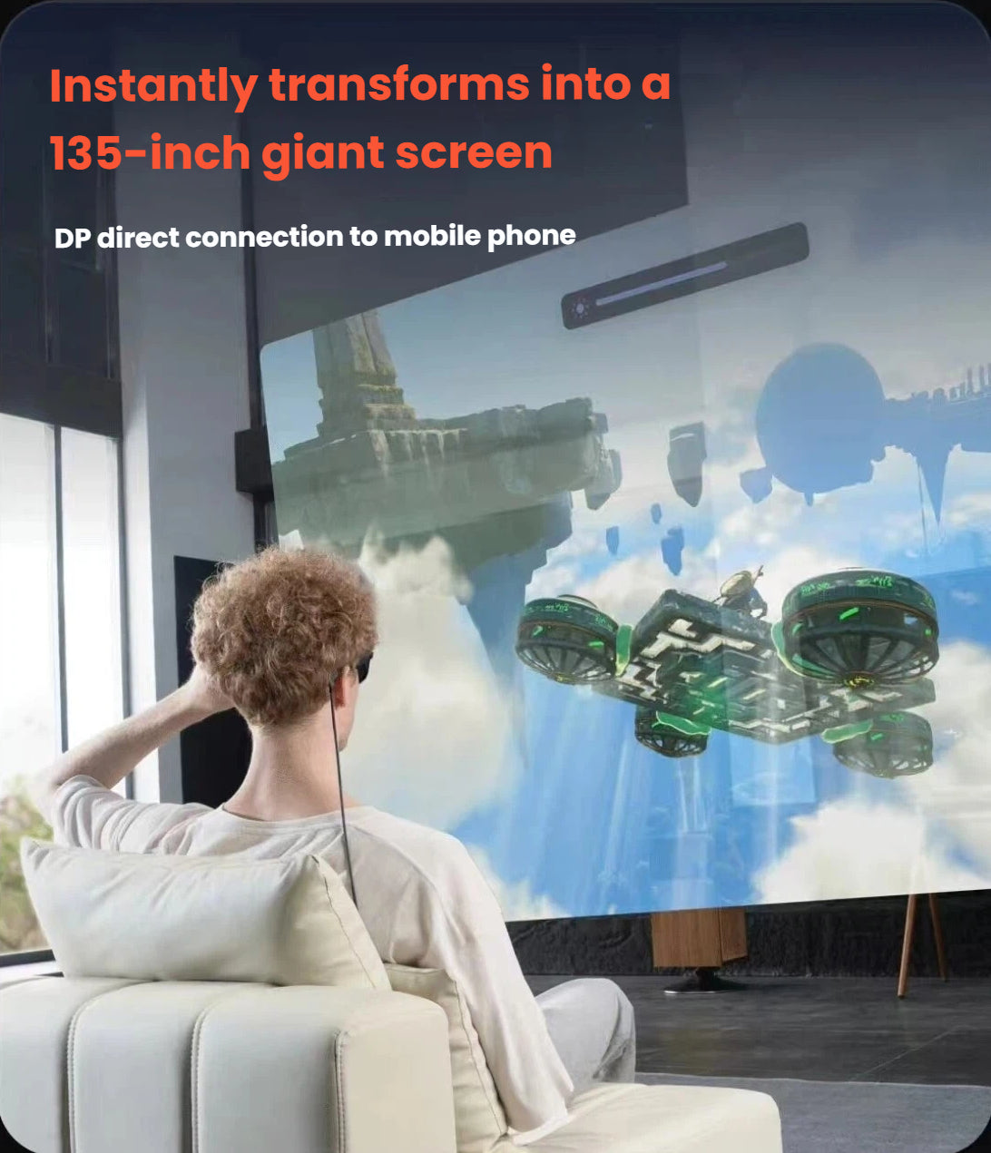 Man relaxing on a couch watching a sci-fi movie projected onto a 135-inch virtual screen using VITURE Pro XR glasses connected directly via DP cable to mobile phone – ideal for home theater experience