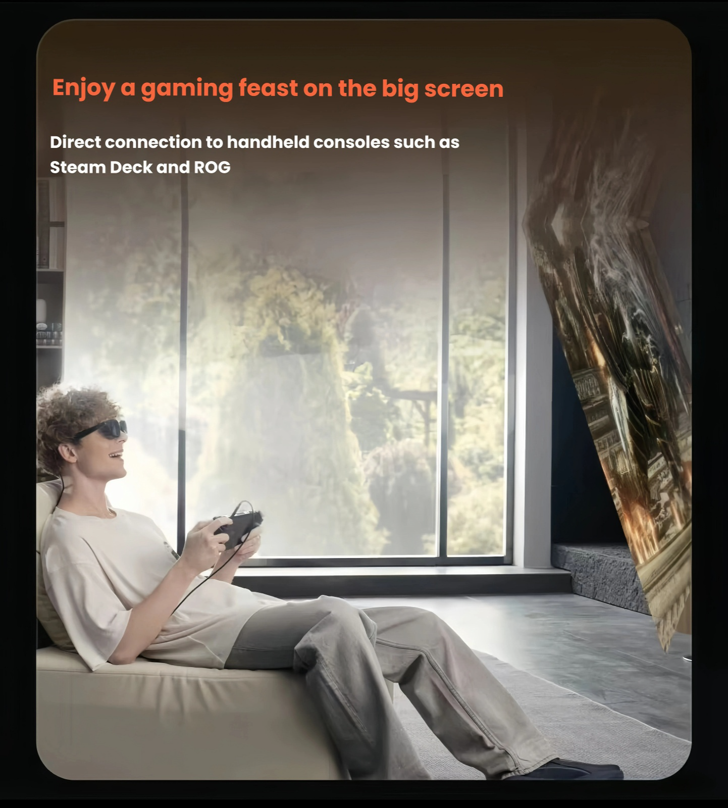 Man lying in bed playing a 3A game on a massive virtual screen using VITURE Pro XR glasses with wireless streaming from PC, PS5, or Xbox – includes neck ring set for comfort